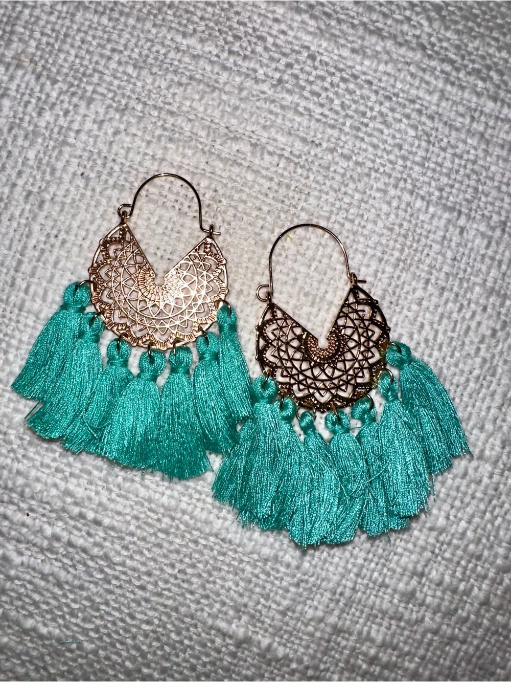 Gold Filigree Teardrop Earrings with Teal Tassels